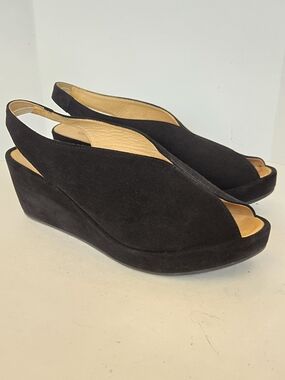 Ethan Valdes By ASTONA ODETTA Black Suede Peep-Toe Slingback Wedge Sandals